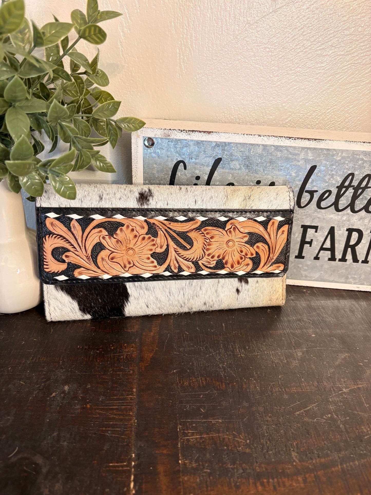 Black Tooled Leather & Cowhide Wallet
