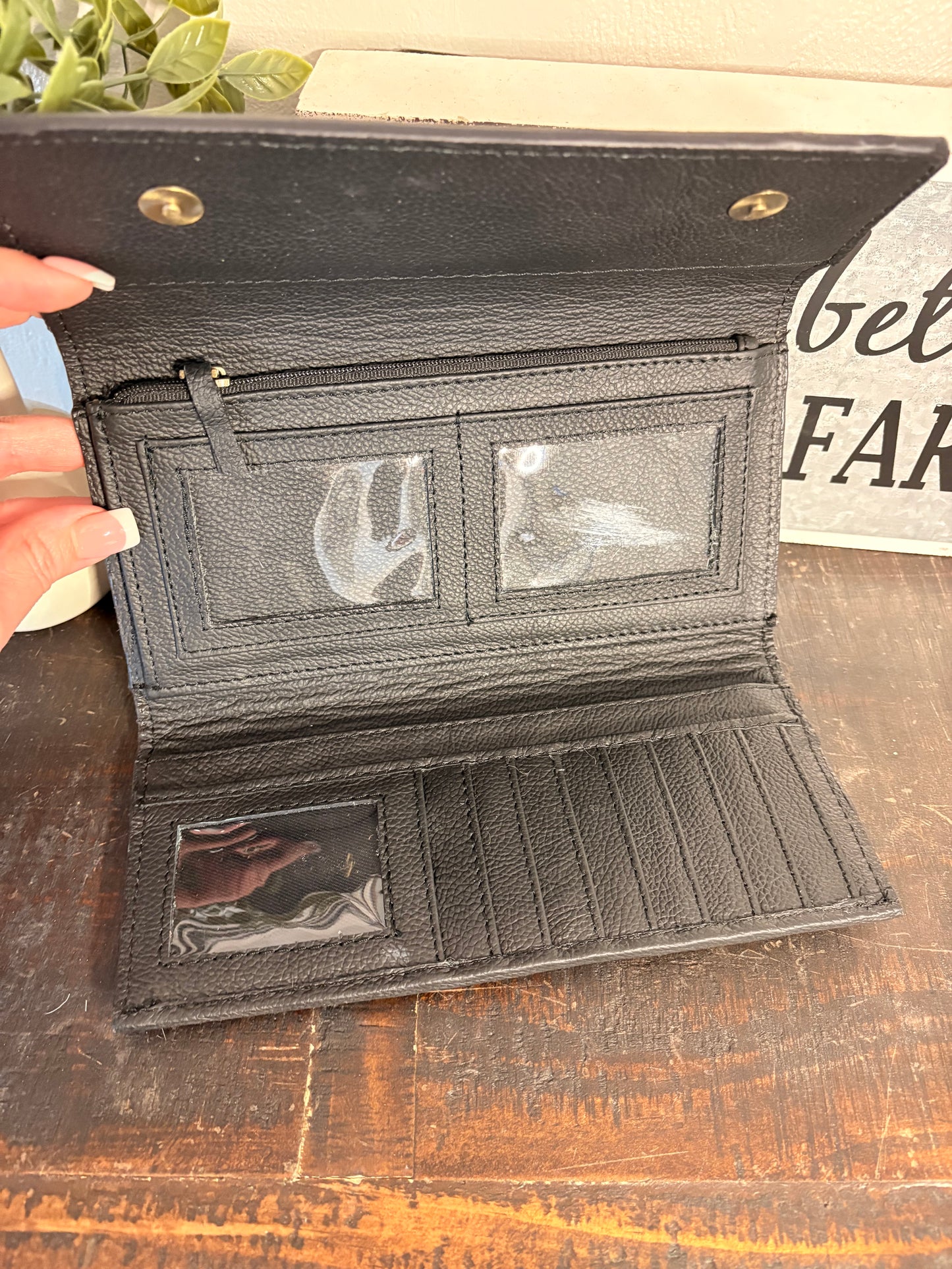 Black Tooled Leather & Cowhide Wallet