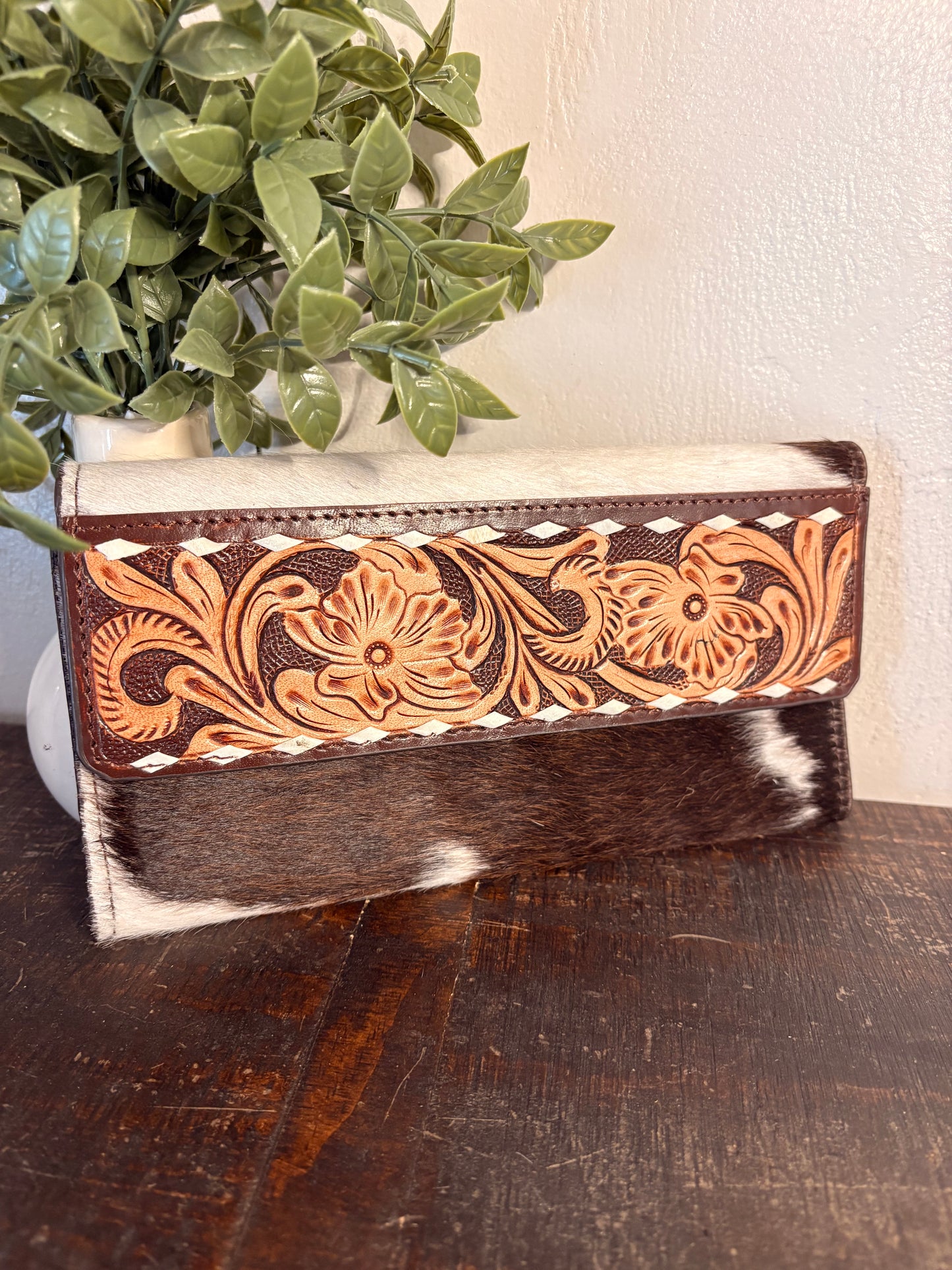 Brown Tooled Leather & Cowhide Wallet