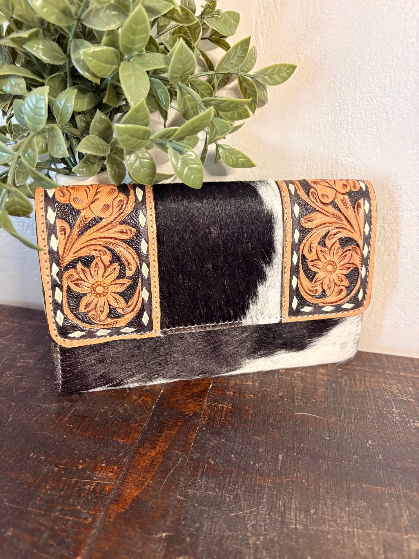 Tooled Leather and Black / White Cowhide Wallet
