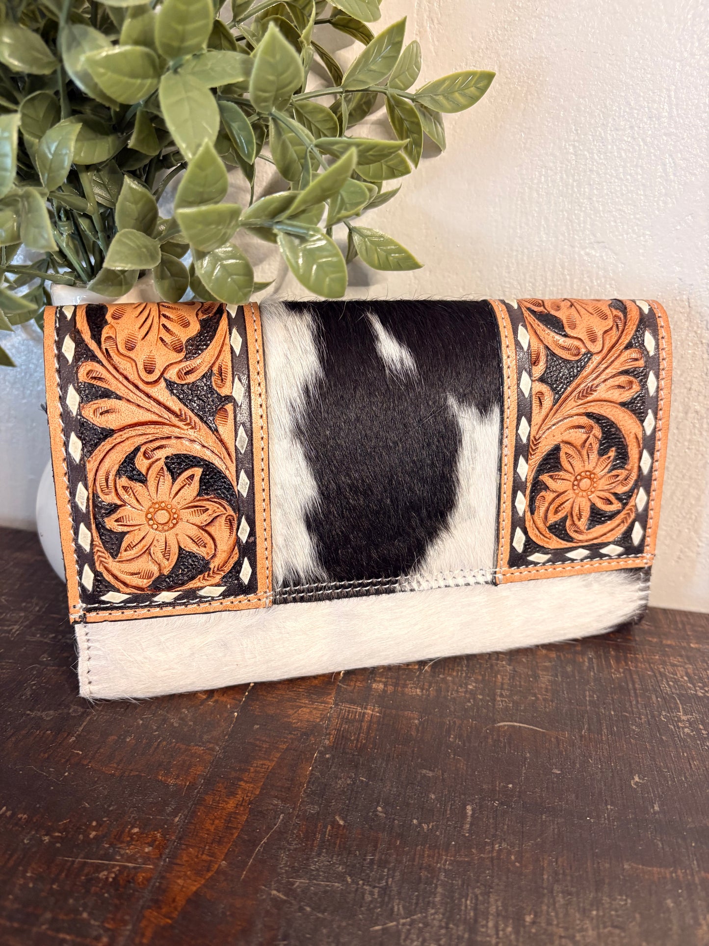 Tooled Leather and Black / White Cowhide Wallet