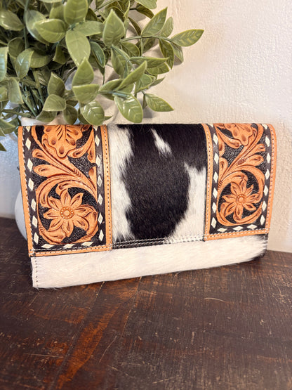 Tooled Leather and Black / White Cowhide Wallet