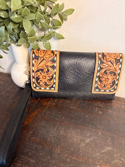Black Tooled Leather Wallet / Clutch
