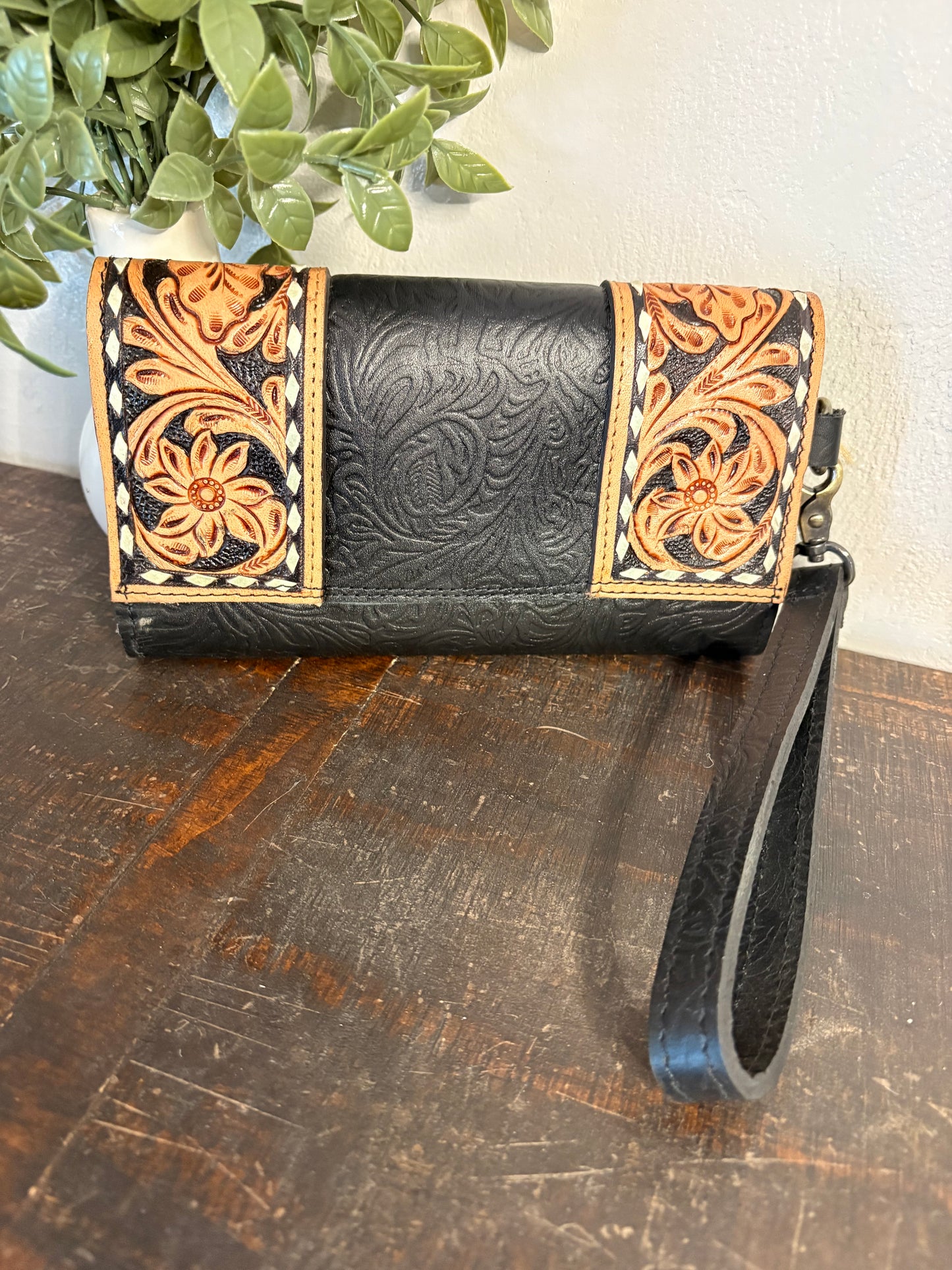 Black Tooled Leather Wallet / Clutch