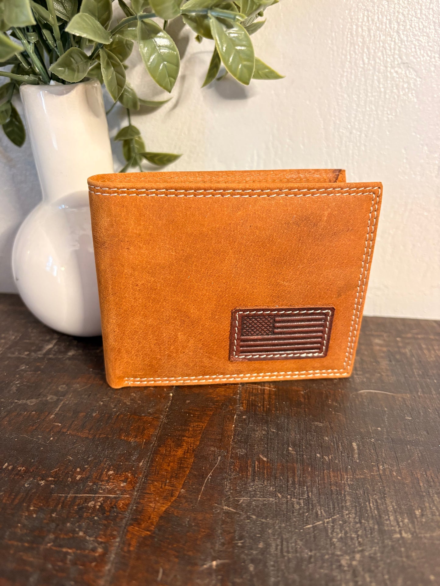 American Bison Leather Wallet with American Flag
