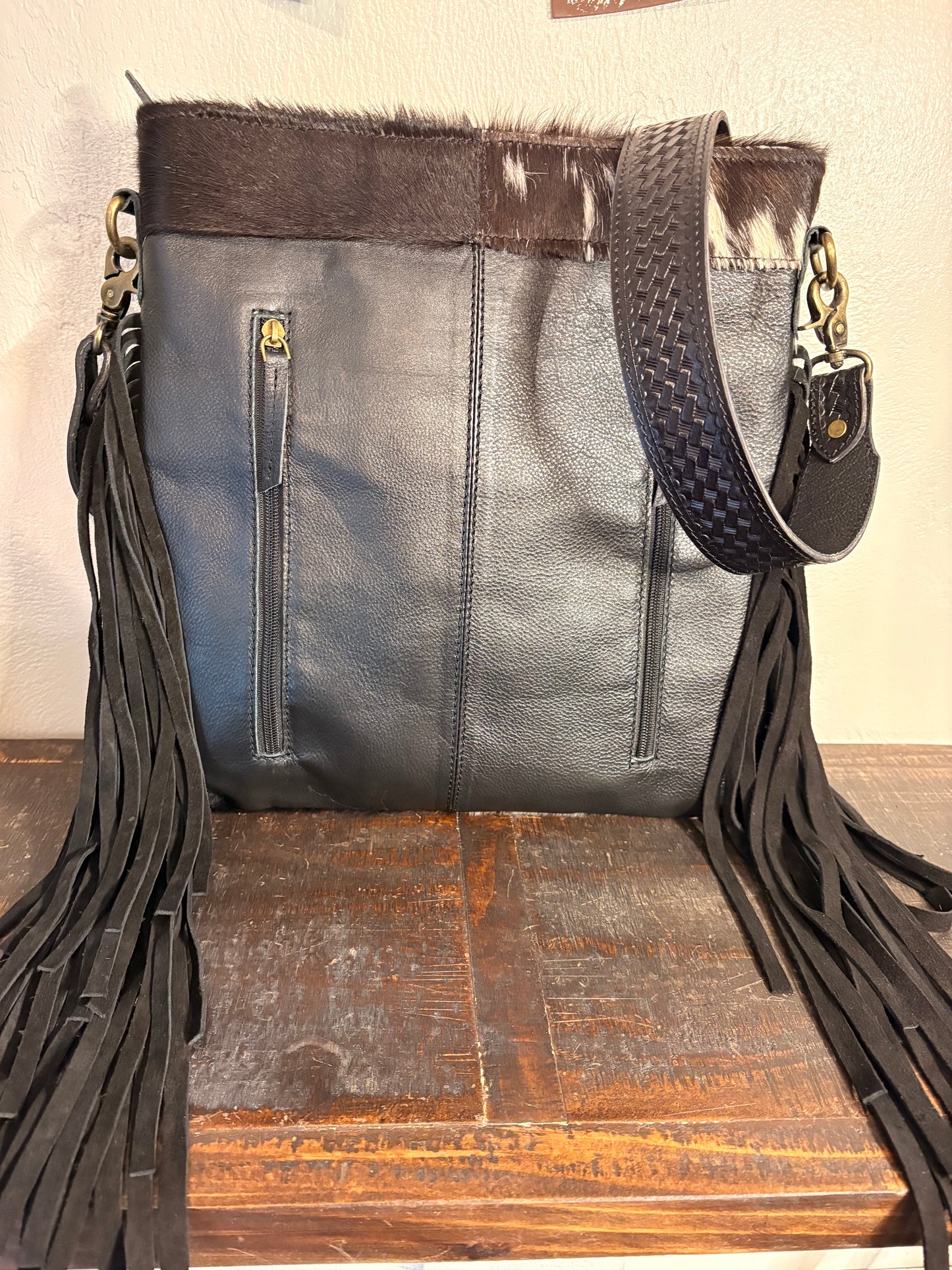 Black / White Cowhide and Leather Concealed Carry Crossbody