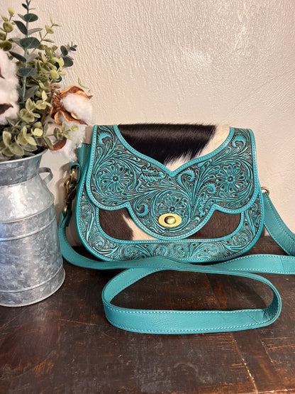 Turquoise Leather & Cowhide Crossbody