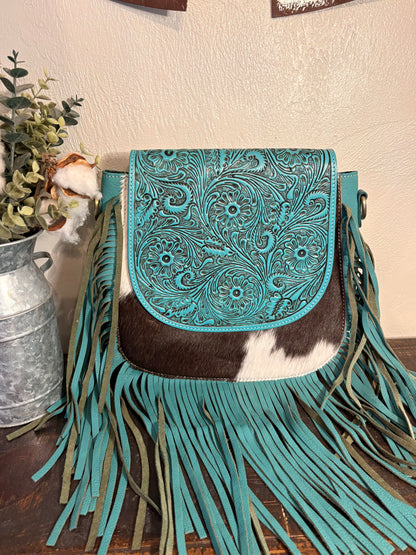 Turquoise Leather & Cowhide Crossbody