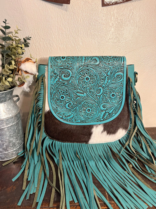 Turquoise Leather & Cowhide Crossbody