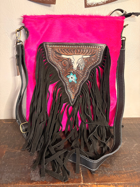 Hot Pink Hide & Leather Concealed Crossbody with Longhorn