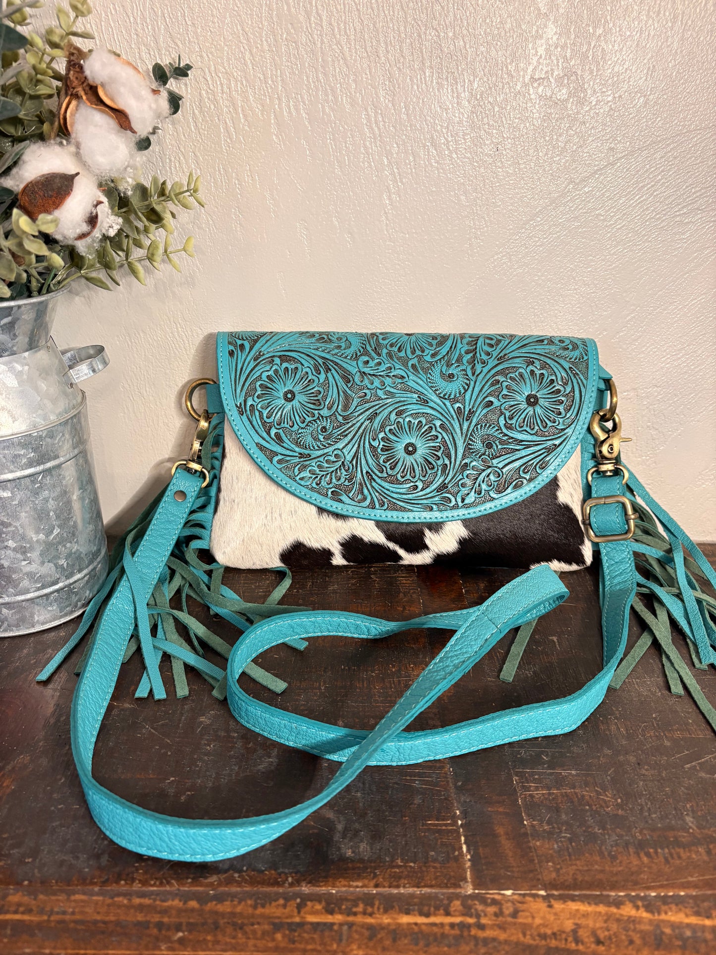 Turquoise Leather and Cowhide Crossbody