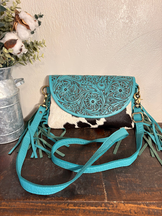 Turquoise Leather and Cowhide Crossbody
