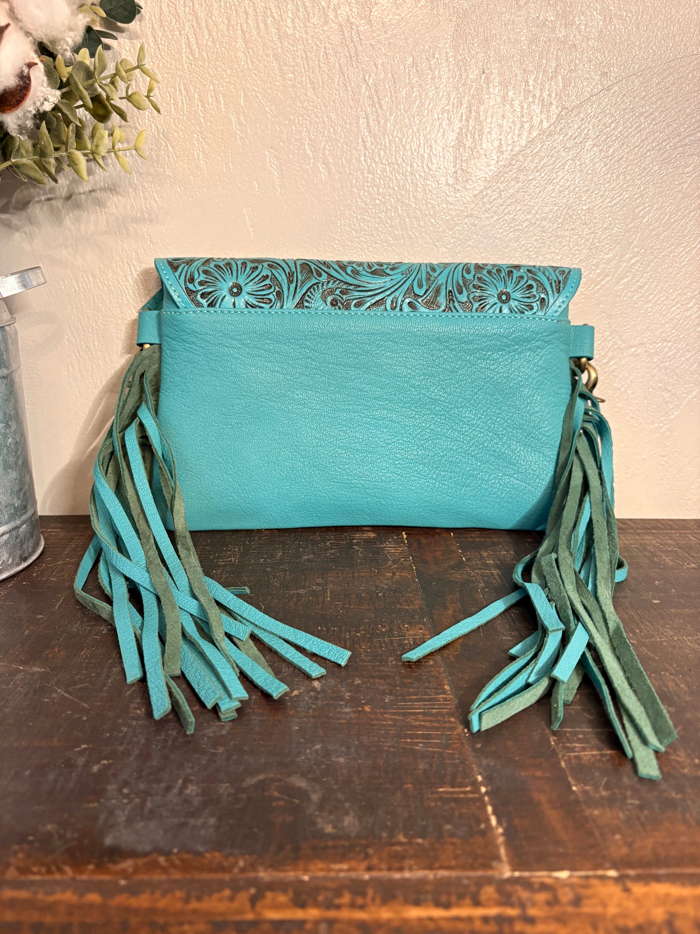 Turquoise Leather and Cowhide Crossbody