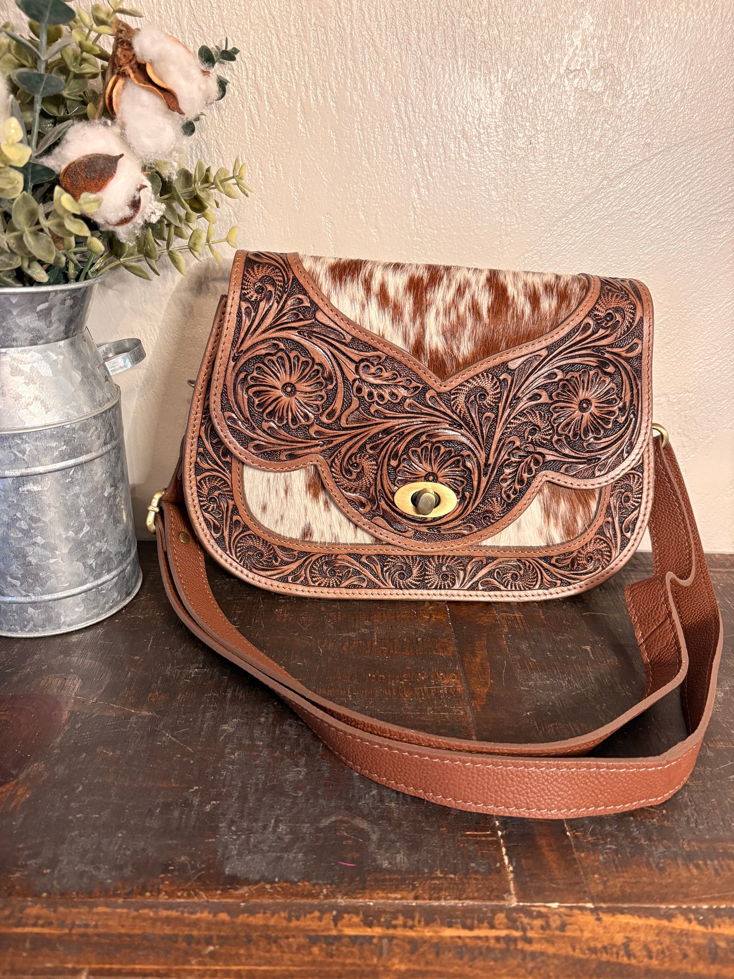 American Bison Brown Tooled Leather and Cowhide Crossbody