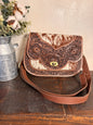 American Bison Brown Tooled Leather and Cowhide Crossbody