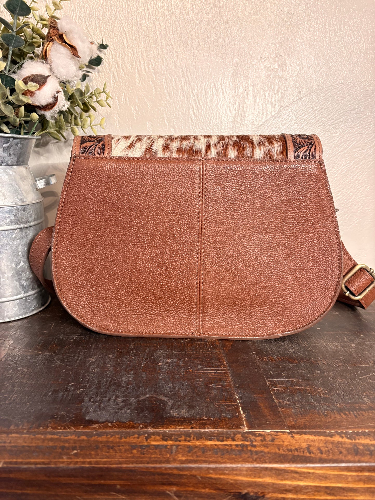 American Bison Brown Tooled Leather and Cowhide Crossbody