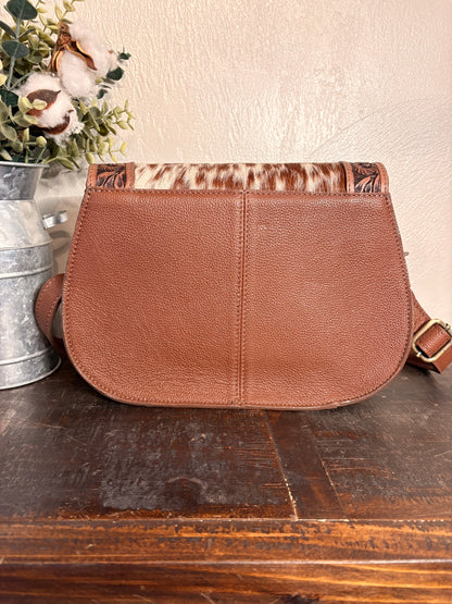 American Bison Brown Tooled Leather and Cowhide Crossbody