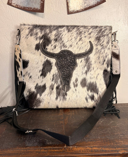Tooled Leather and Cowhide Concealed Crossbody with Longhorn