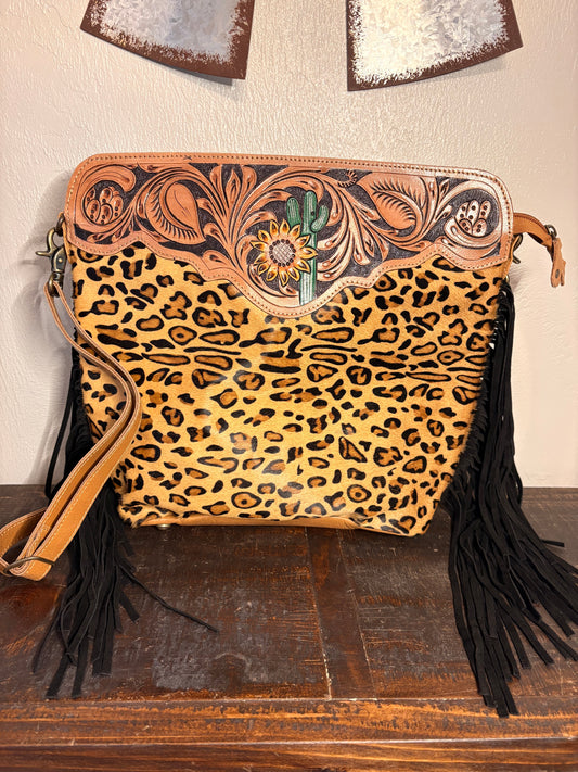 Leopard Hide & Tooled Leather Crossbody