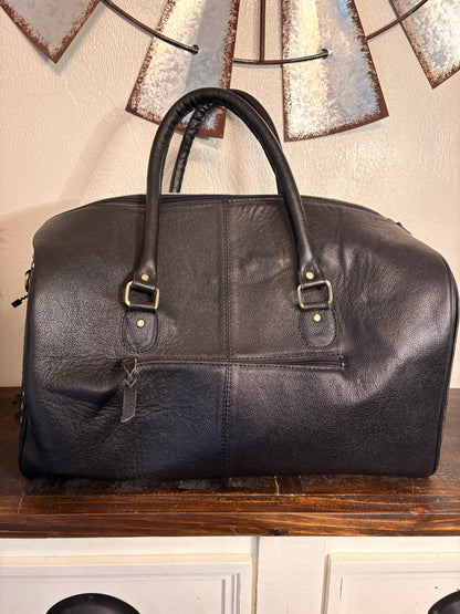 Black and White Cowhide Duffle Bag with Tooled Leather