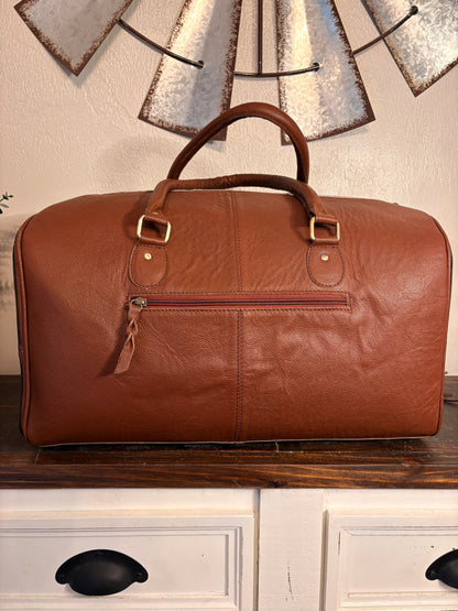Brown and White Cowhide Duffle Bag with Tooled Leather
