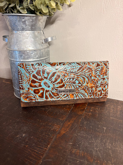 American Bison Leather Wallet with Turquoise Tooling
