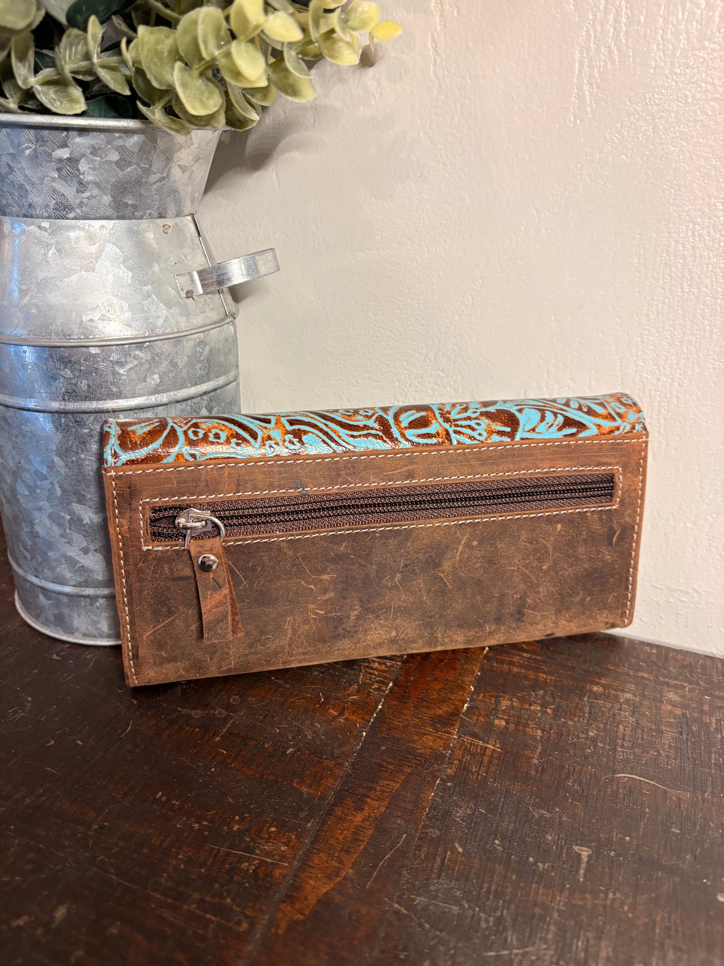 American Bison Leather Wallet with Turquoise Tooling