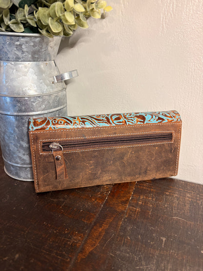 American Bison Leather Wallet with Turquoise Tooling