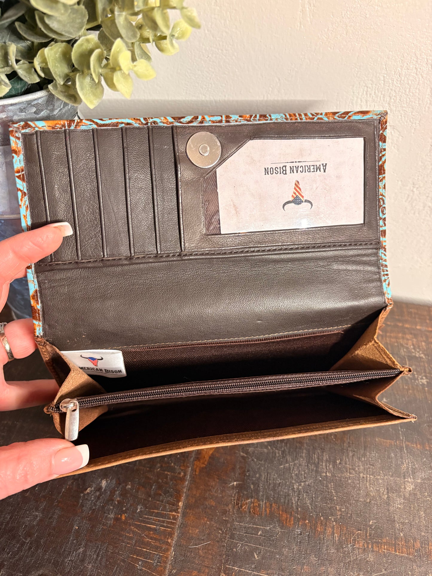 American Bison Leather Wallet with Turquoise Tooling