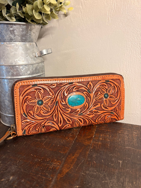 American Bison Tooled Leather Wallet / Clutch