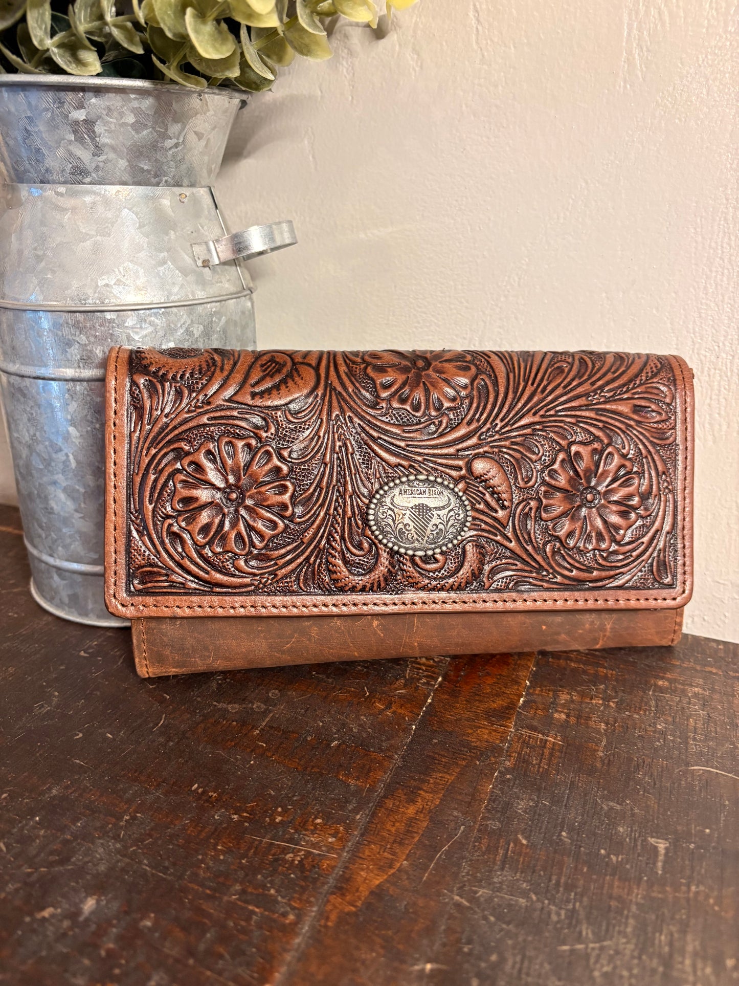 American Bison Brown Leather Wallet with Tooling