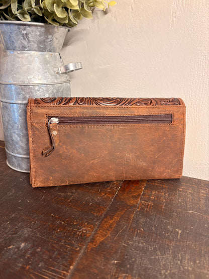 American Bison Brown Leather Wallet with Tooling