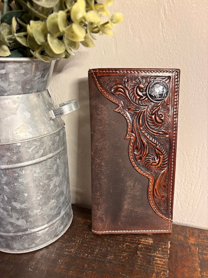 American Bison Brown Leather / Tooled Long Wallet