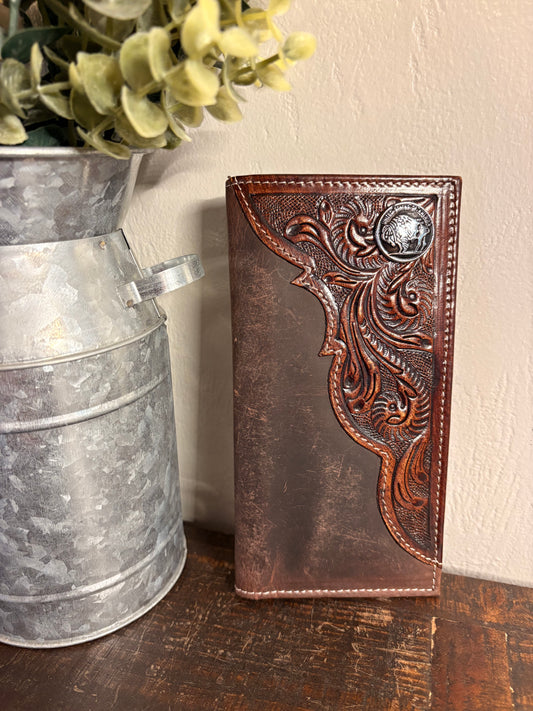 American Bison Brown Leather / Tooled Long Wallet