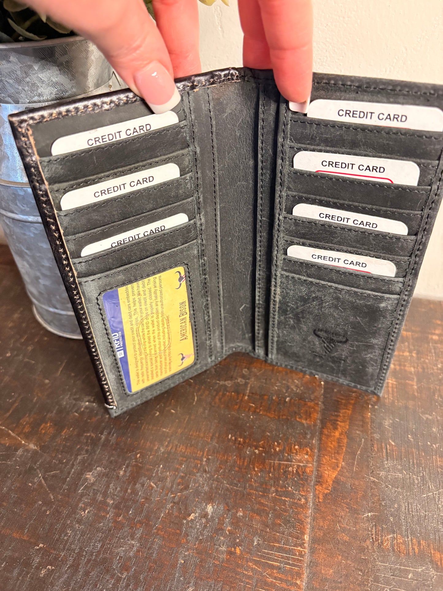 American Bison Black Leather / Tooled Long Wallet