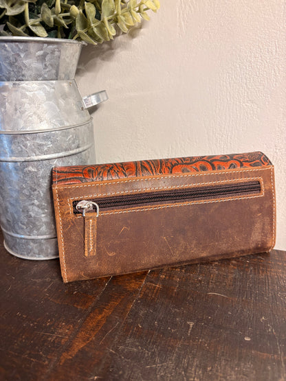 American Bison Leather Wallet with Burgundy Tooling