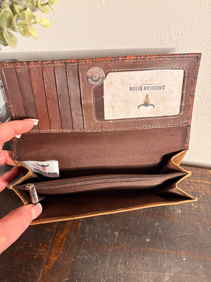 American Bison Leather Wallet with Burgundy Tooling