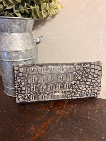 American Bison Leather Wallet with Gray Crocodile Print