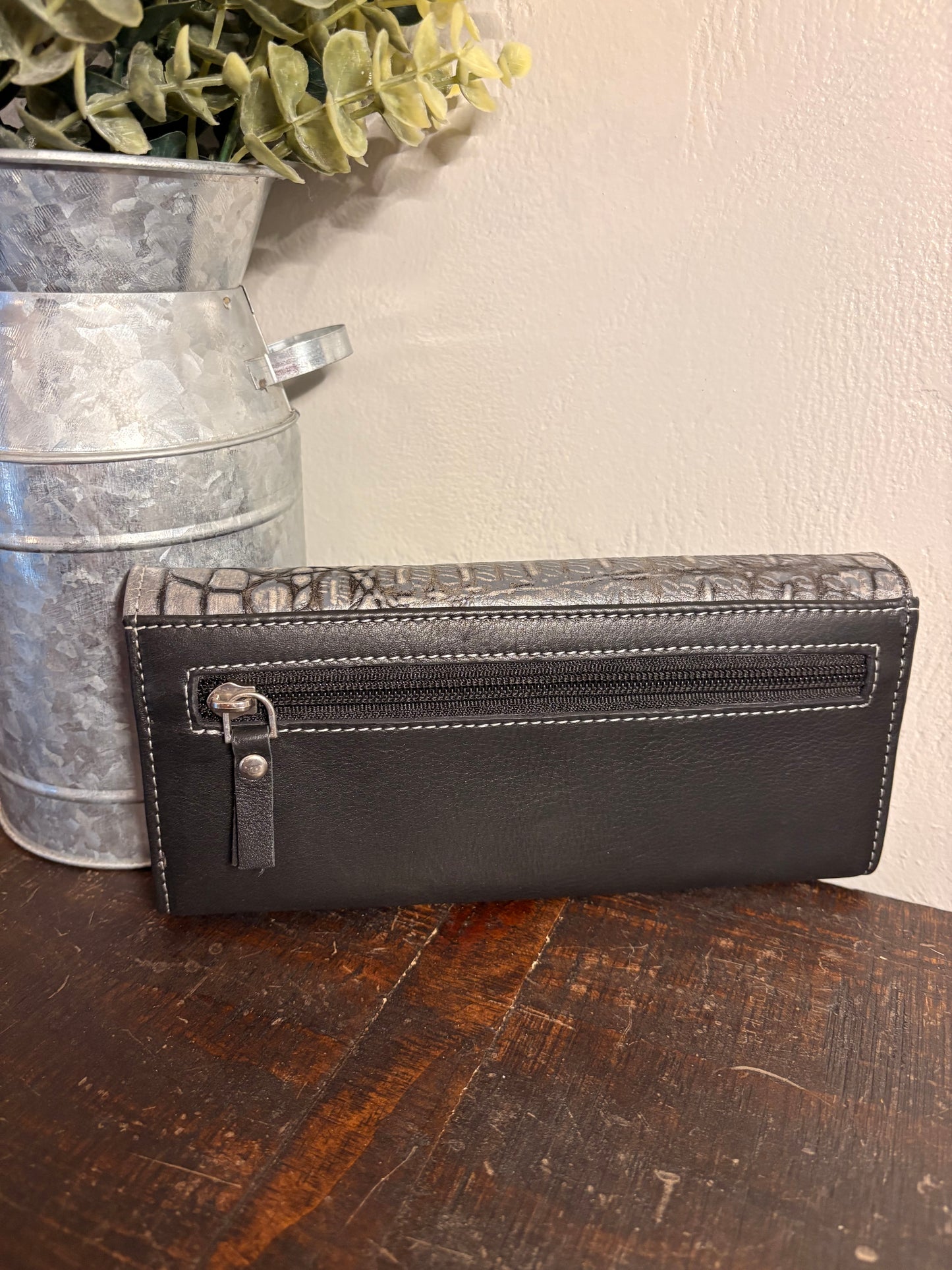American Bison Leather Wallet with Gray Crocodile Print