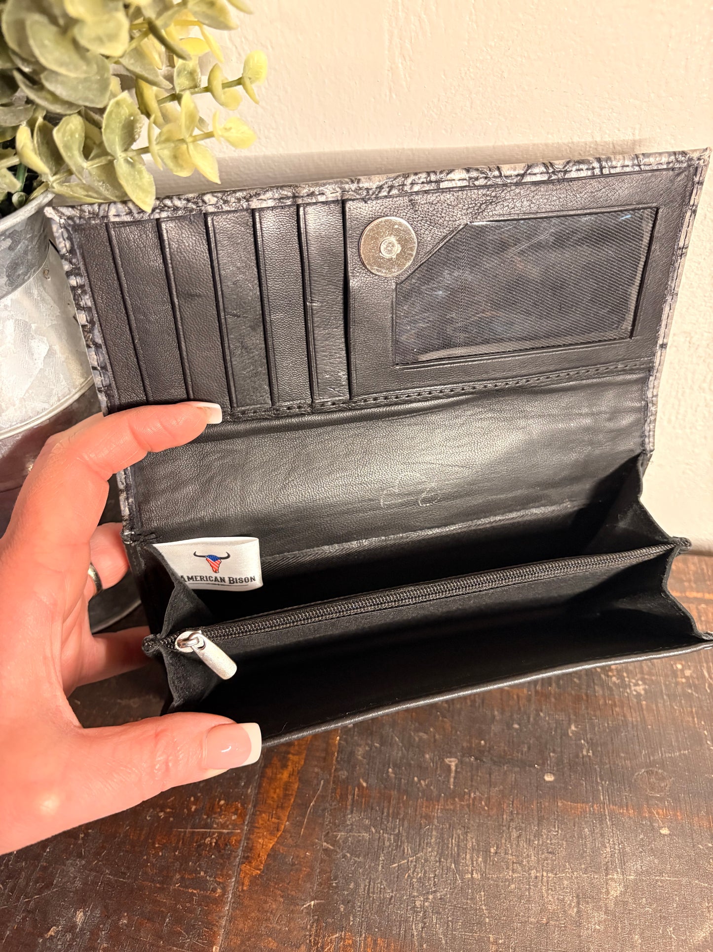 American Bison Leather Wallet with Gray Crocodile Print