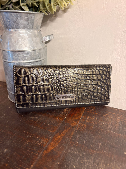 American Bison Leather Wallet with Gold Crocodile Print