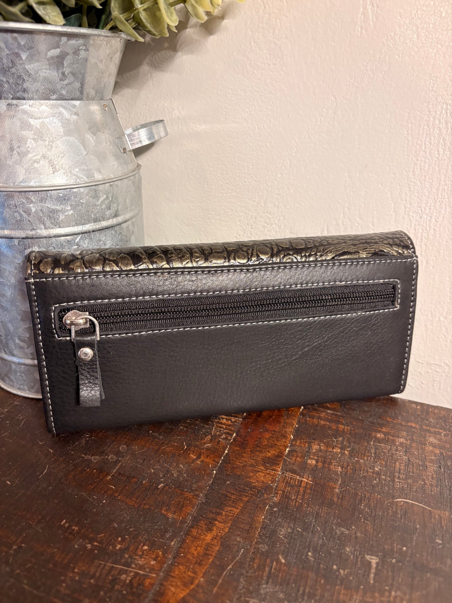 American Bison Leather Wallet with Gold Crocodile Print