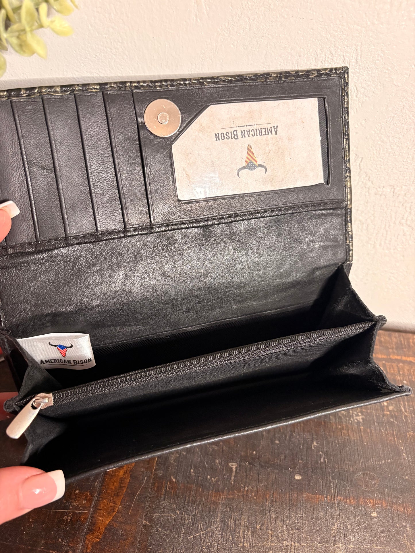 American Bison Leather Wallet with Gold Crocodile Print