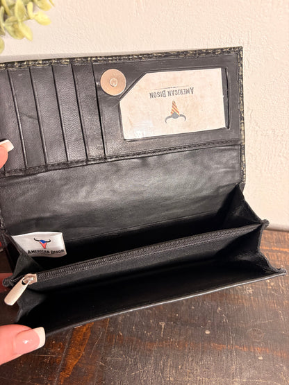 American Bison Leather Wallet with Gold Crocodile Print