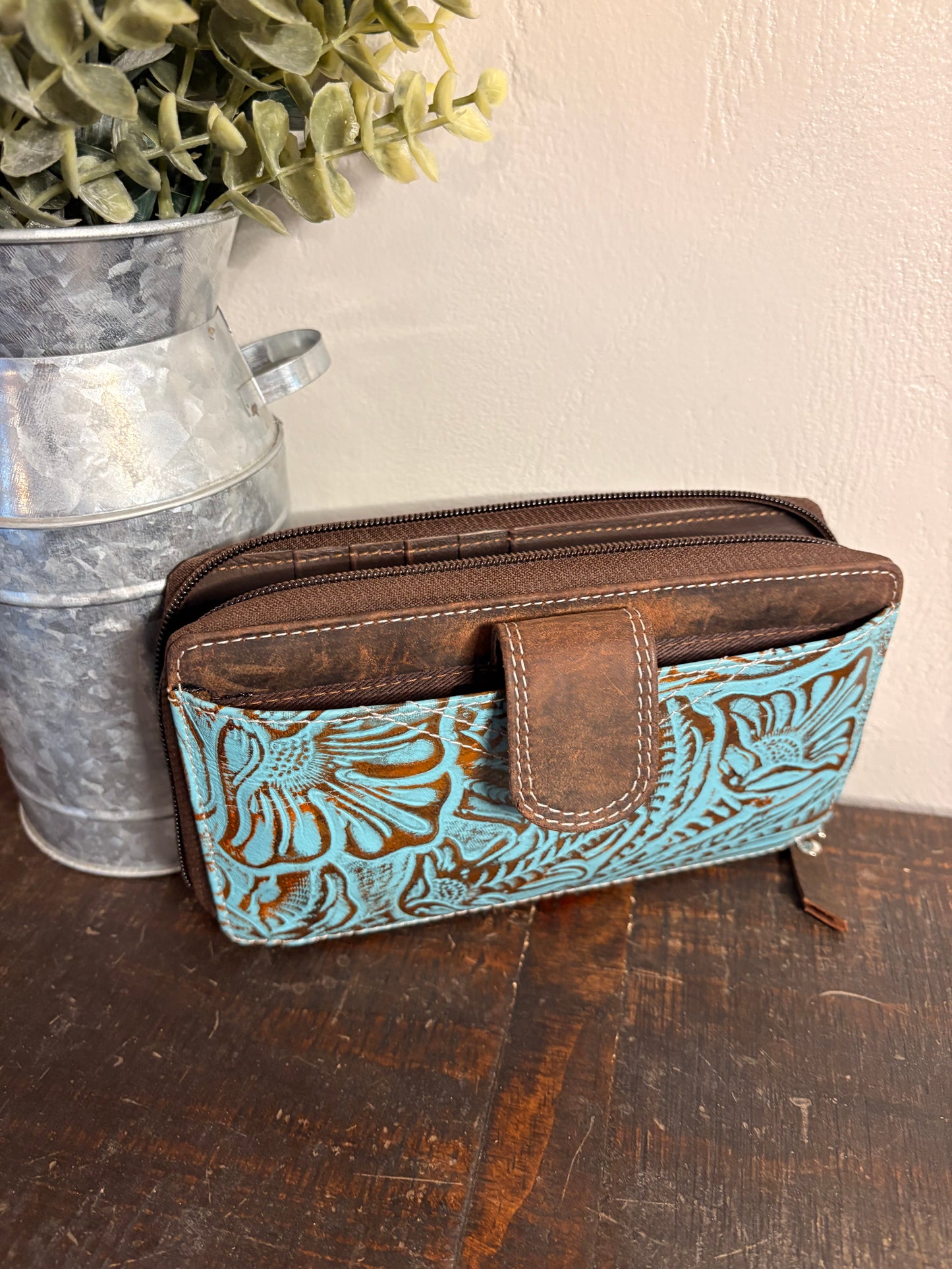 American Bison Leather Zipper Wallet with Turquoise Tooling