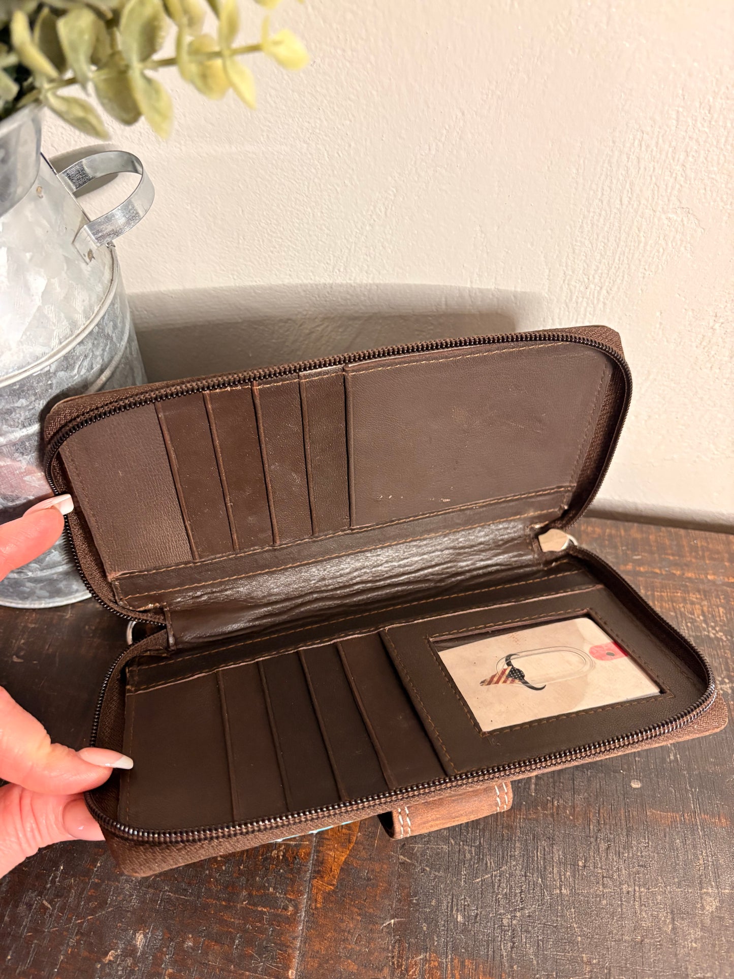 American Bison Leather Zipper Wallet with Turquoise Tooling