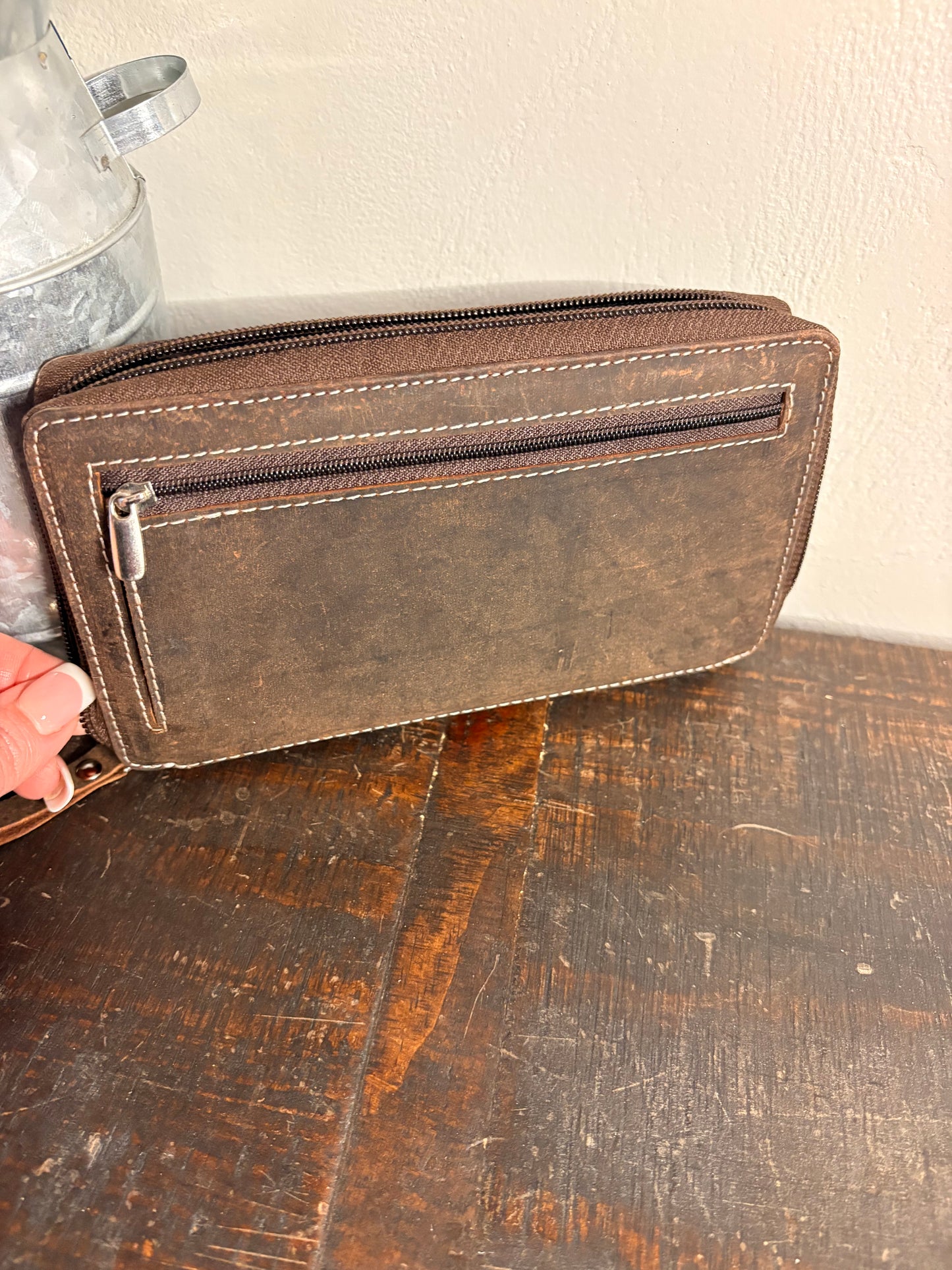 American Bison Leather Zipper Wallet with Turquoise Tooling