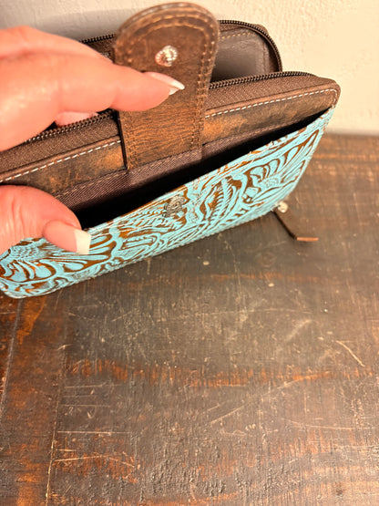 American Bison Leather Zipper Wallet with Turquoise Tooling