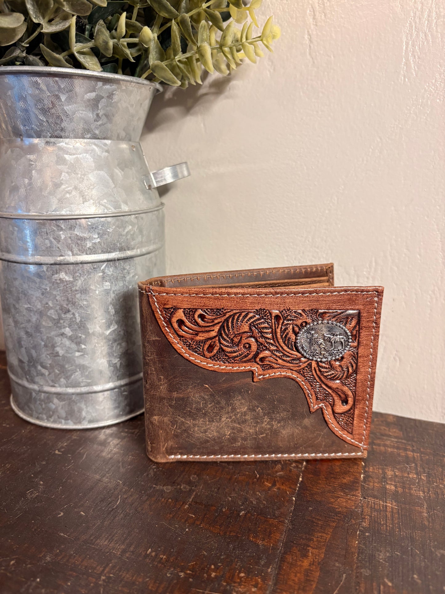 American Bison Brown Leather / Tooled Leather Wallet