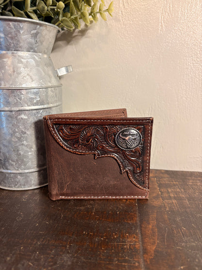American Bison Tooled Brown Leather Wallet with Longhorn